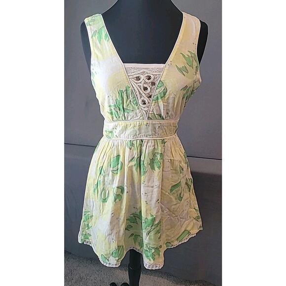 Free People Y2K Vintage Floral Mini Dress Yellow Green Size 6 Boho Retro EUC - Picture 1 of 9